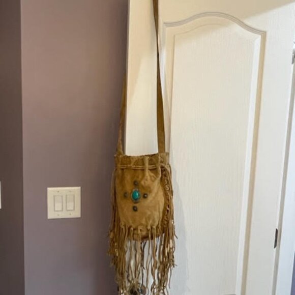 Free People Suede Leather Beaded Fringe Crossbody with Faux Turquoise - Picture 15 of 15